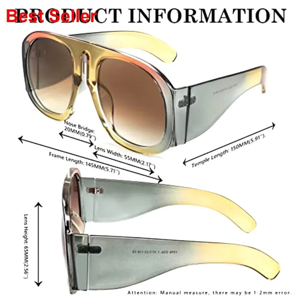 Oversized Retro Aviator Sunglasses with UV400 Protection Shield Frame